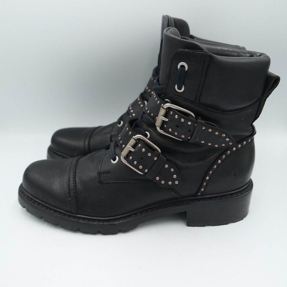 Frye Samantha Studded Moto Combat Boots Black Leather Lug Sole Womens 9